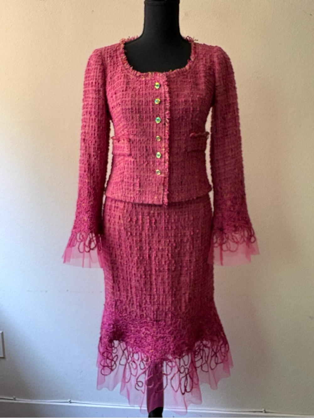 Vintage Rickie Freeman Teri Jon Pink Boucle Tweed Skirt Suit Emboidered Trim 2/4